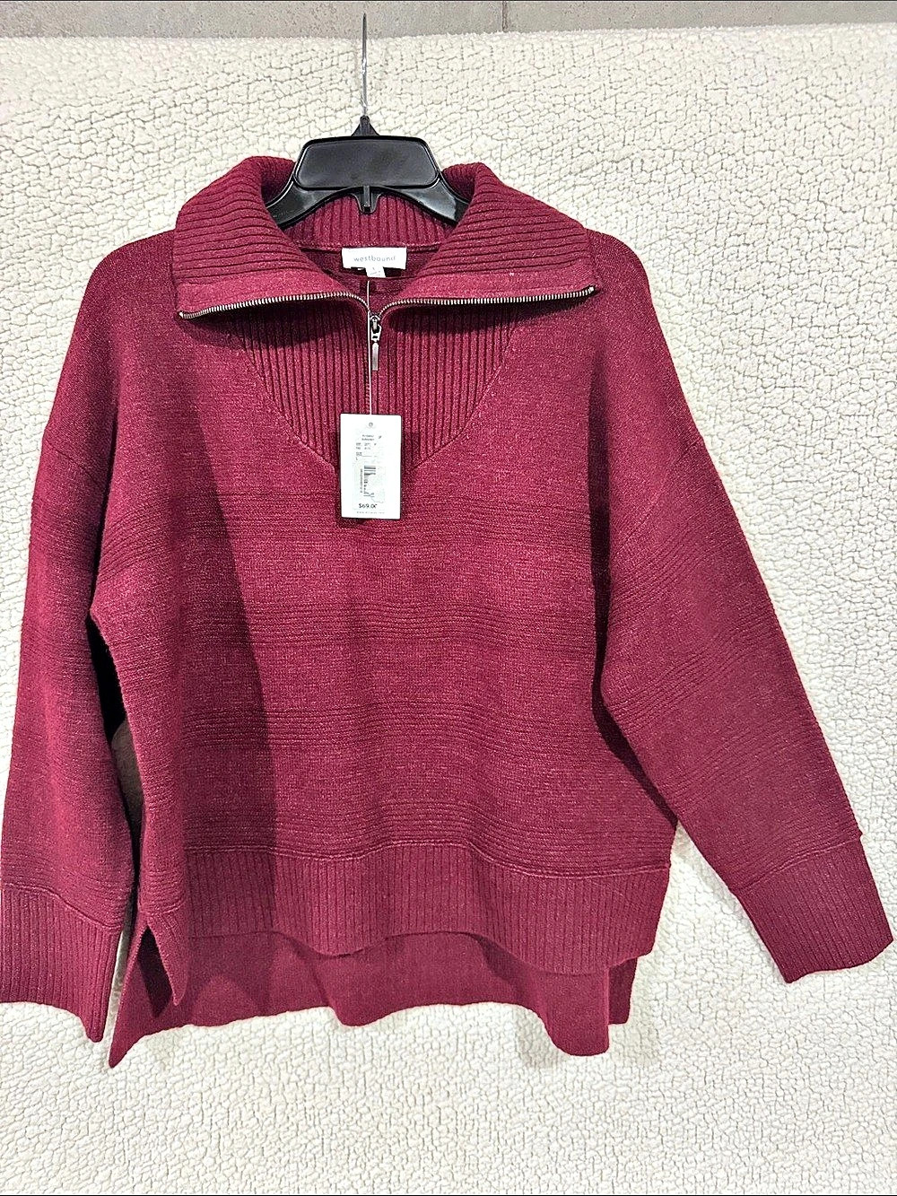 Westbound Cowl Neck Quarter Zip Sweater in Burgundy Large NWT